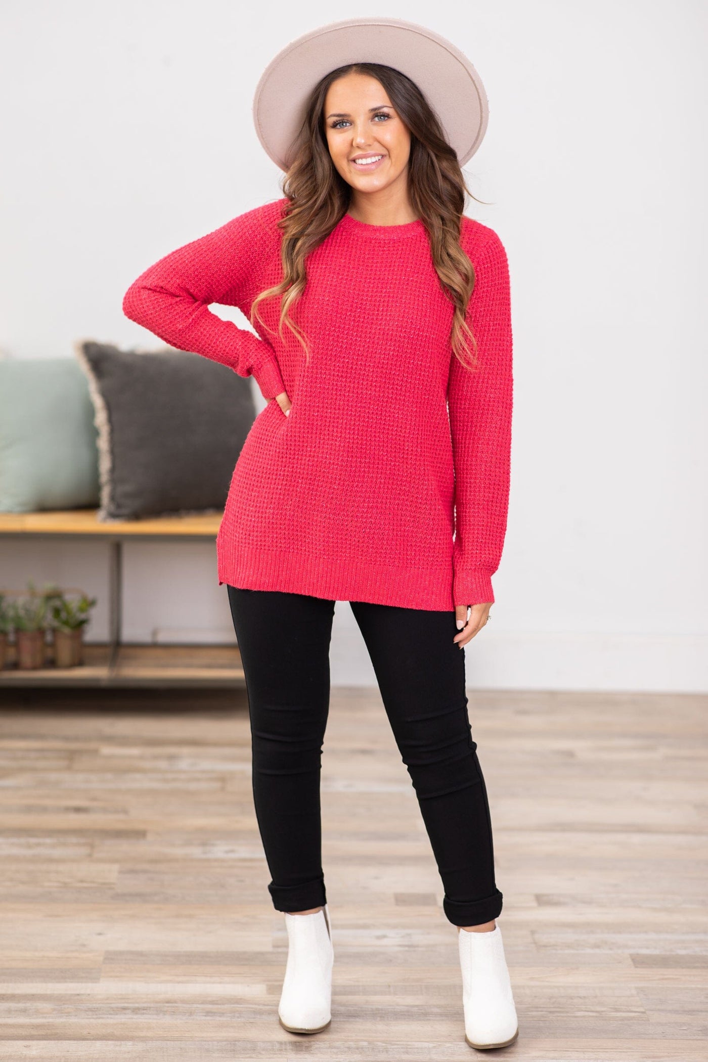 Raspberry Waffle Knit Round Neck Sweater · Filly Flair