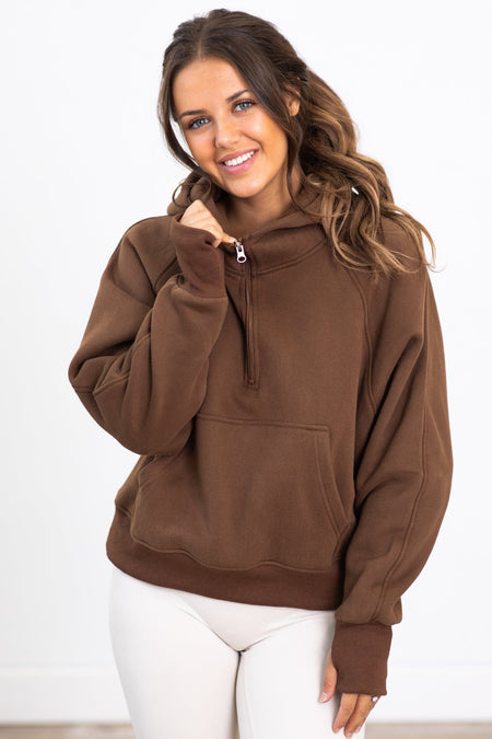 The Essential 1/2 Zip Hoodie in Brown - Filly Flair