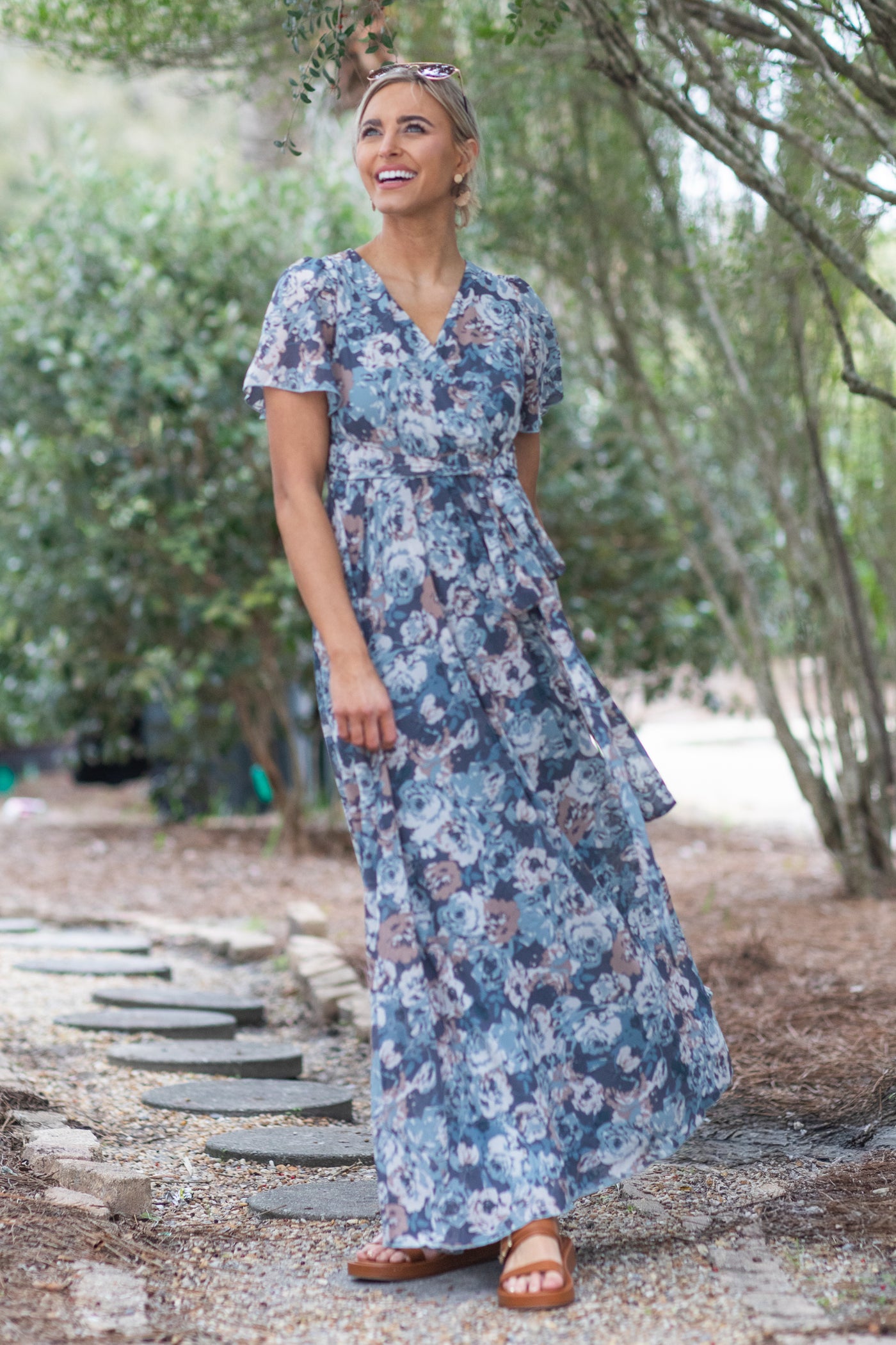 Slate Blue Blouse Floral Waist Band Maxi Dress