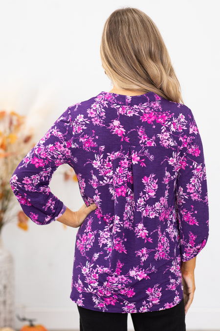 Eggplant Floral Print Wrinkle Free Lizzy Top