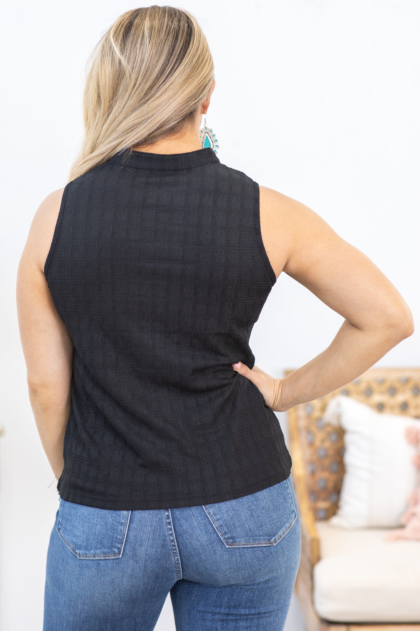 Black Lattice Textured Knit Top