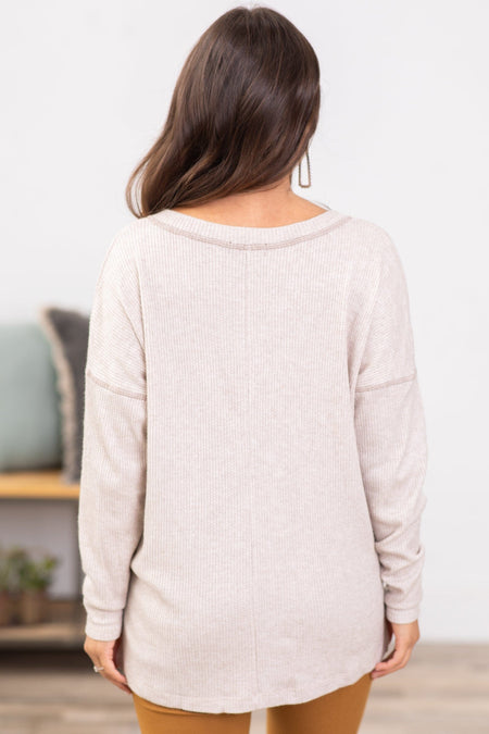 Oatmeal V-Neck Contrast Stitch Top - Filly Flair