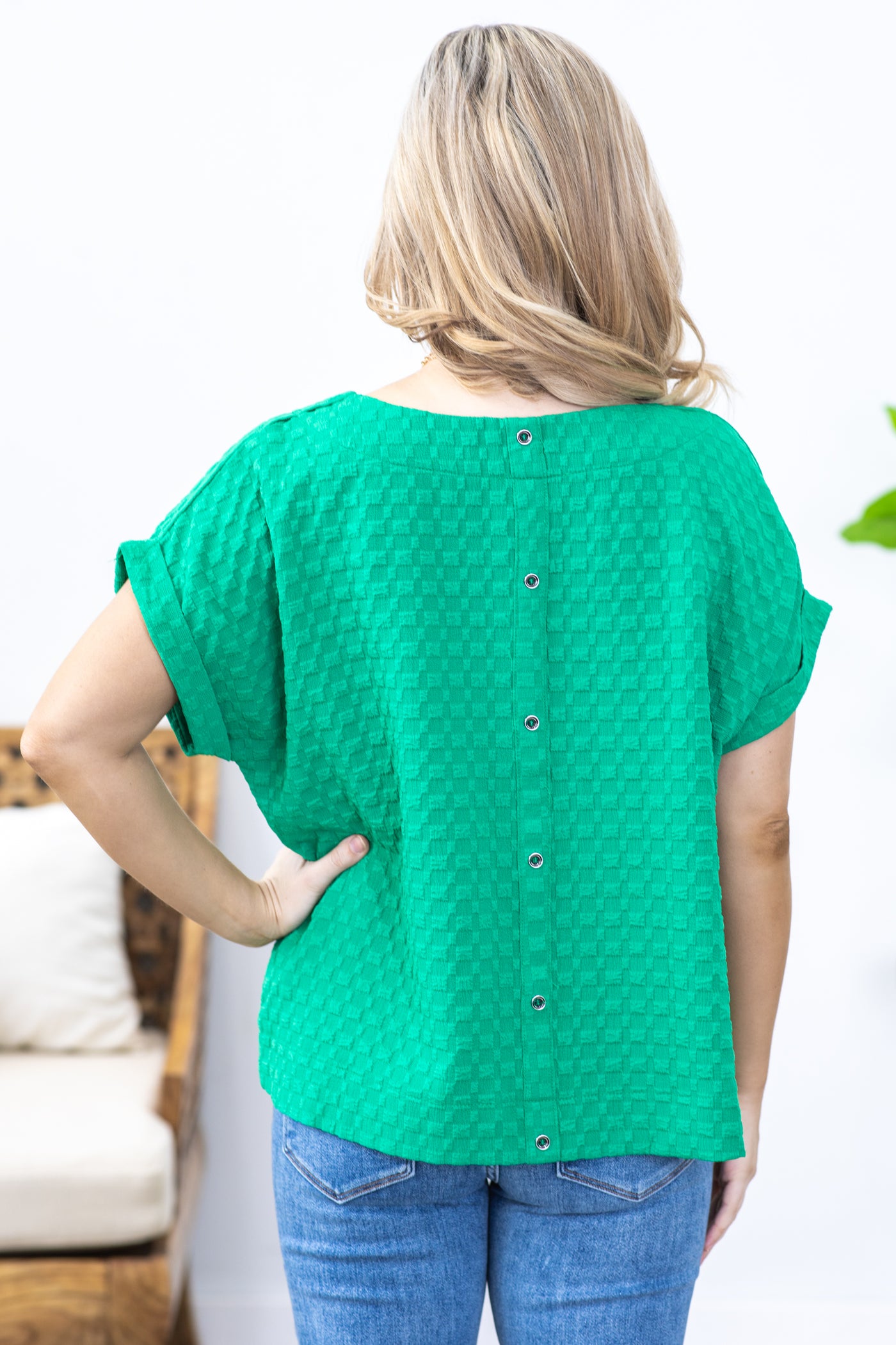 Green Textured Cuffed Short Sleeve Knit Top