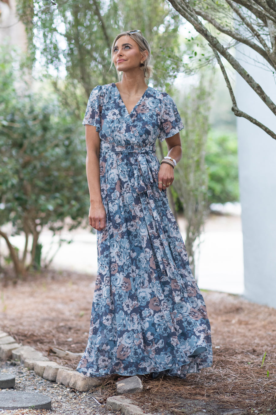 Slate Blue Blouse Floral Waist Band Maxi Dress