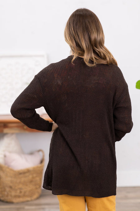 Brown Sweater Cardigan With Pockets - Filly Flair