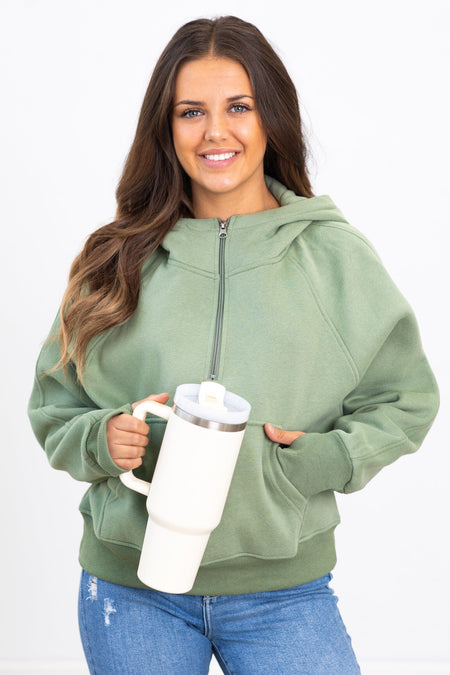 The Essential 1/2 Zip Hoodie in Sage - Filly Flair