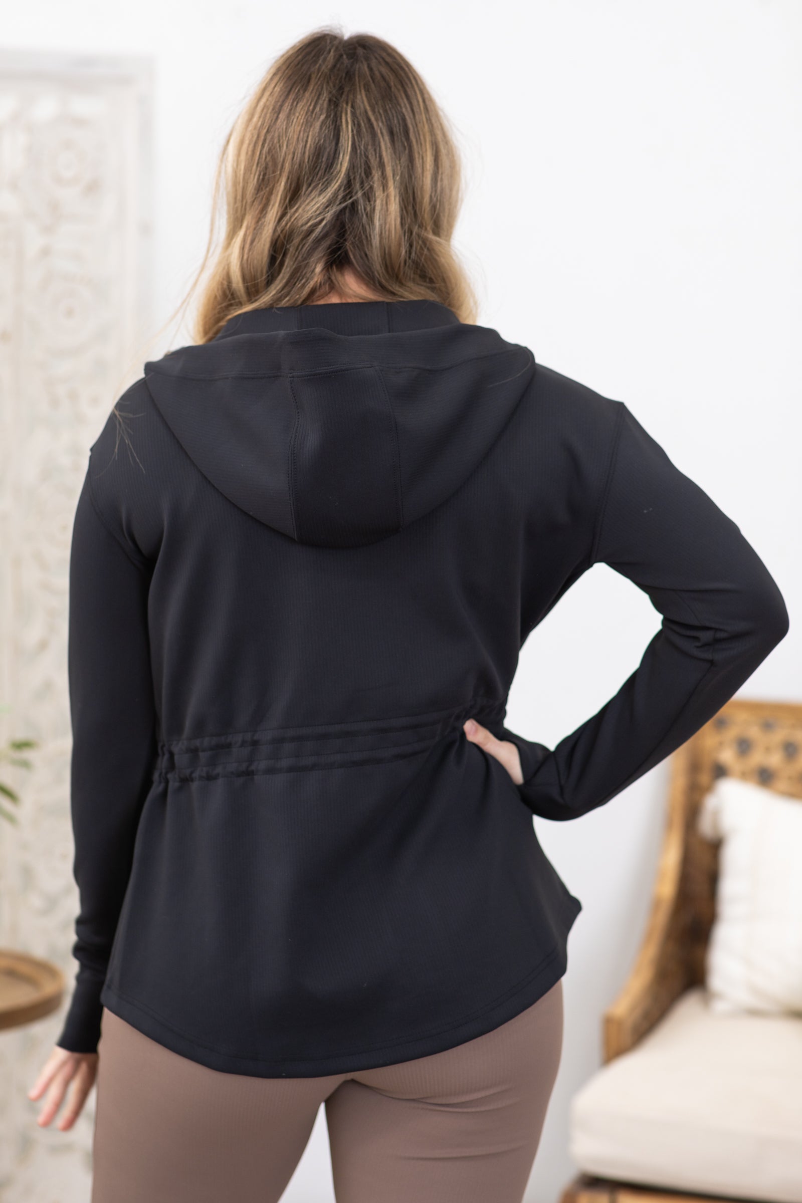 Black Jacquard Ribbed Hoodie Jacket