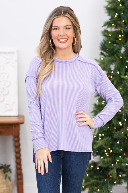 Lavender Ribbed Drop Shoulder Knit Top