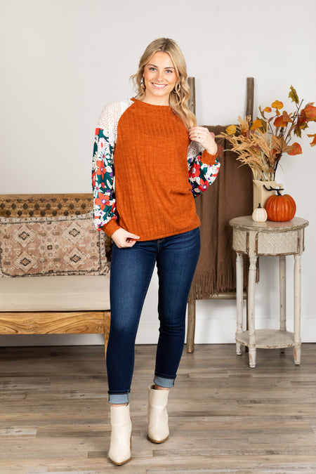 Floral Patchwork Raglan Sleeve Knit Top