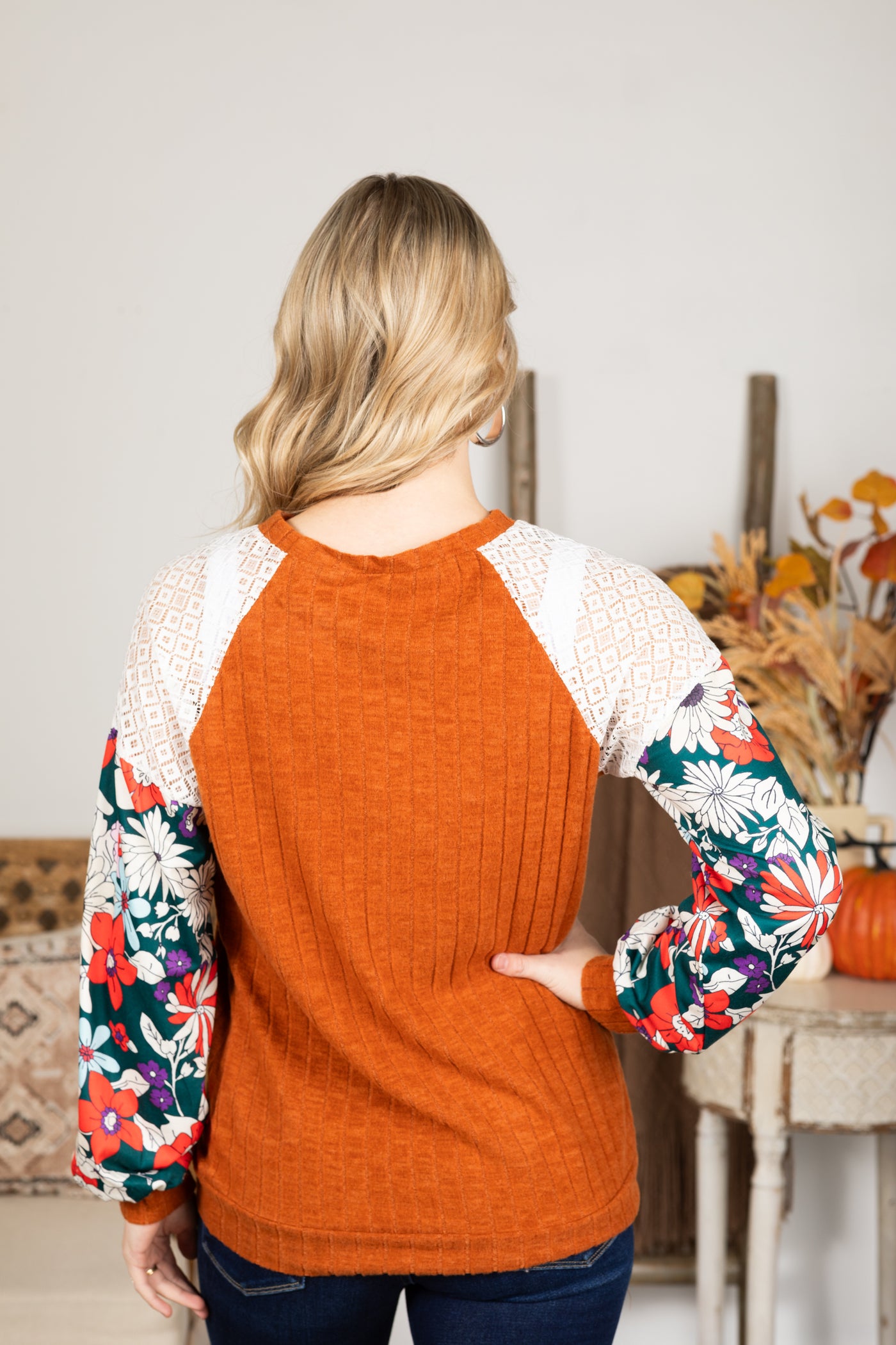 Floral Patchwork Raglan Sleeve Knit Top