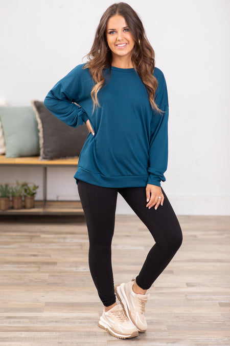 Teal Crew Neck Long Sleeve Top - Filly Flair