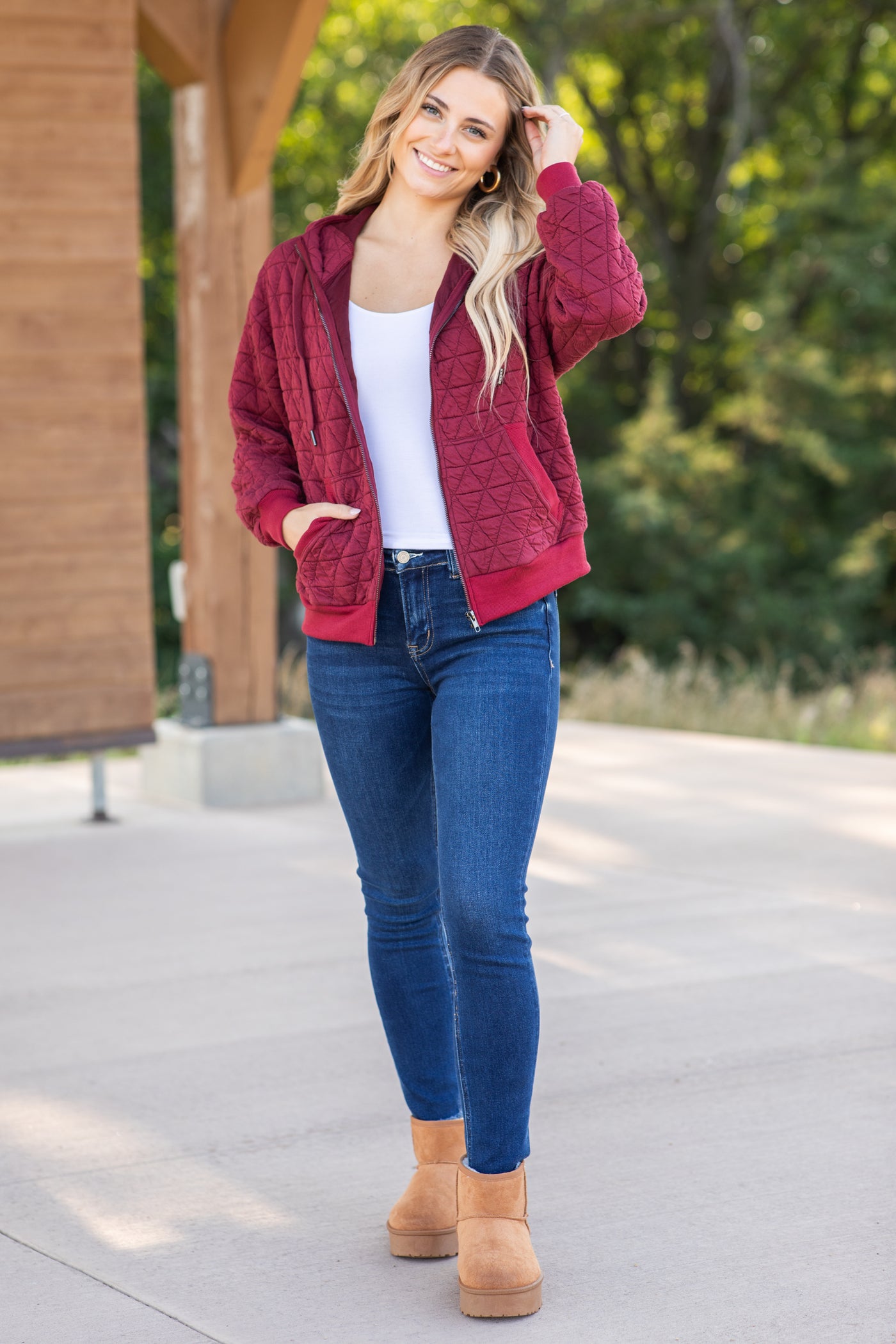 Burgundy Quilted Hoodie Jacket