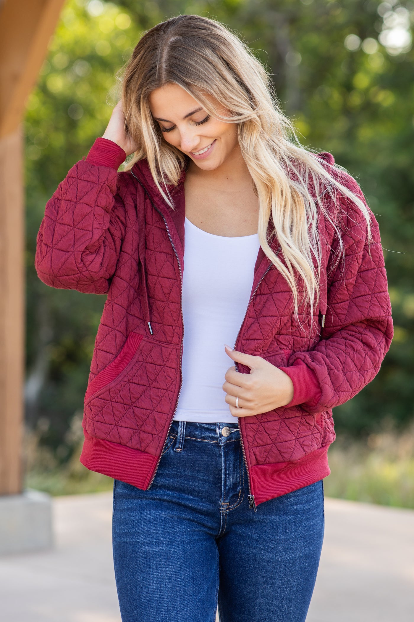 Burgundy Quilted Hoodie Jacket