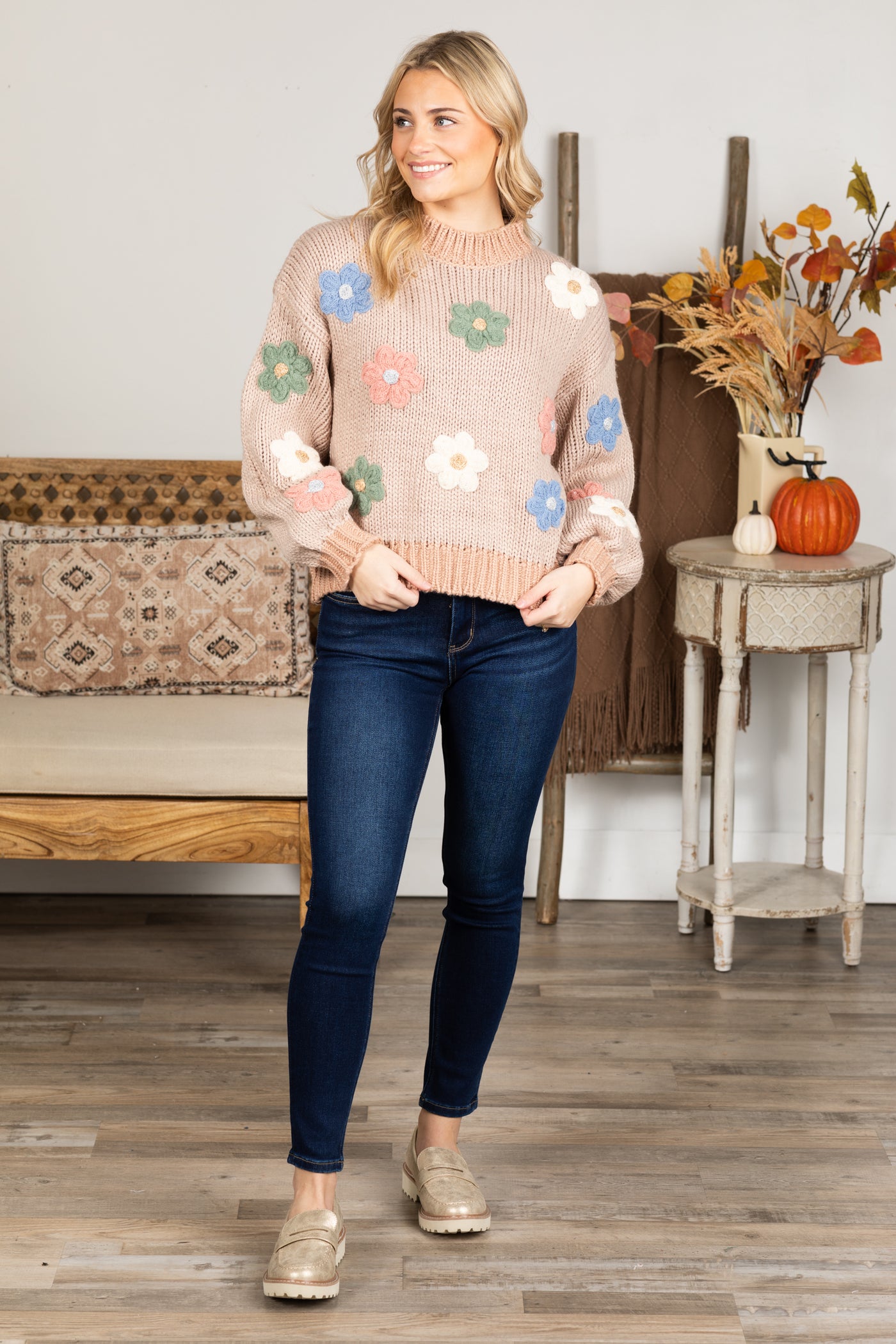 Taupe Flower Applique Sweater