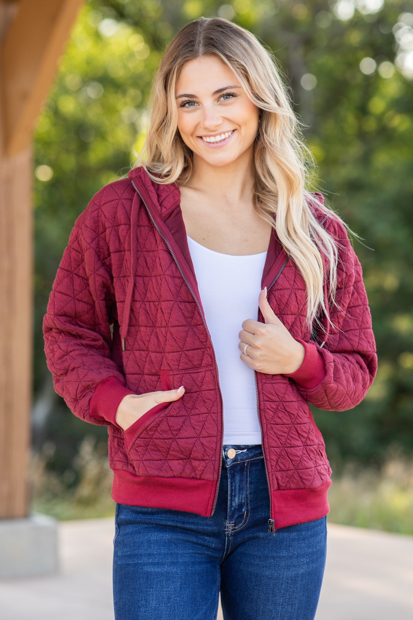 Burgundy Quilted Hoodie Jacket