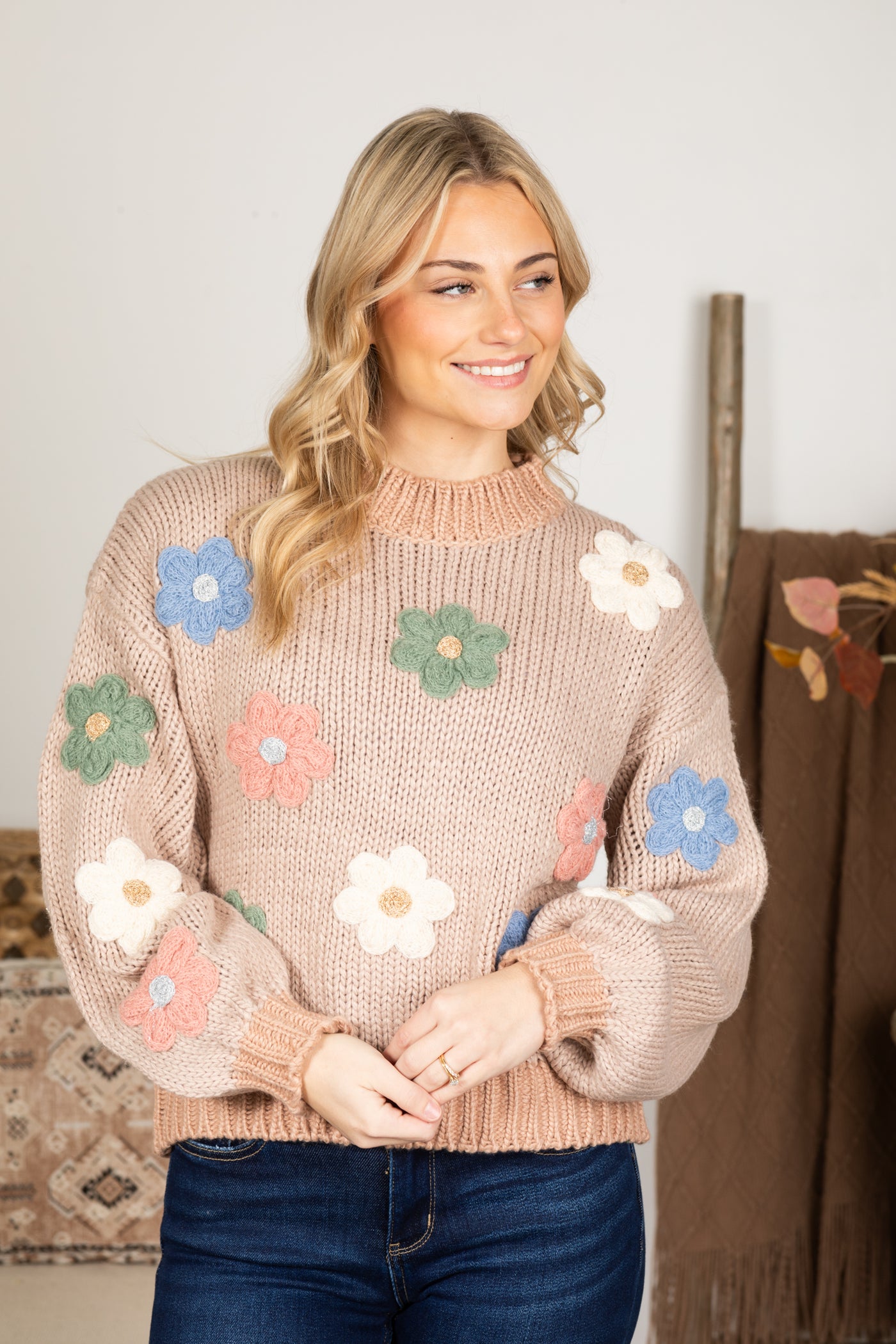 Taupe Flower Applique Sweater