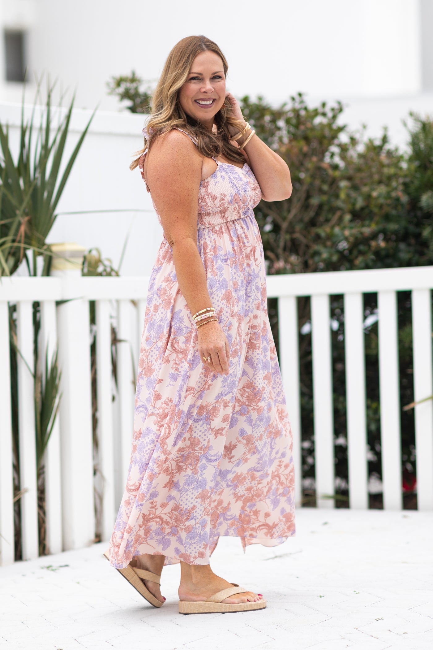 Peach Paisley Floral Smocked Maxi Dress