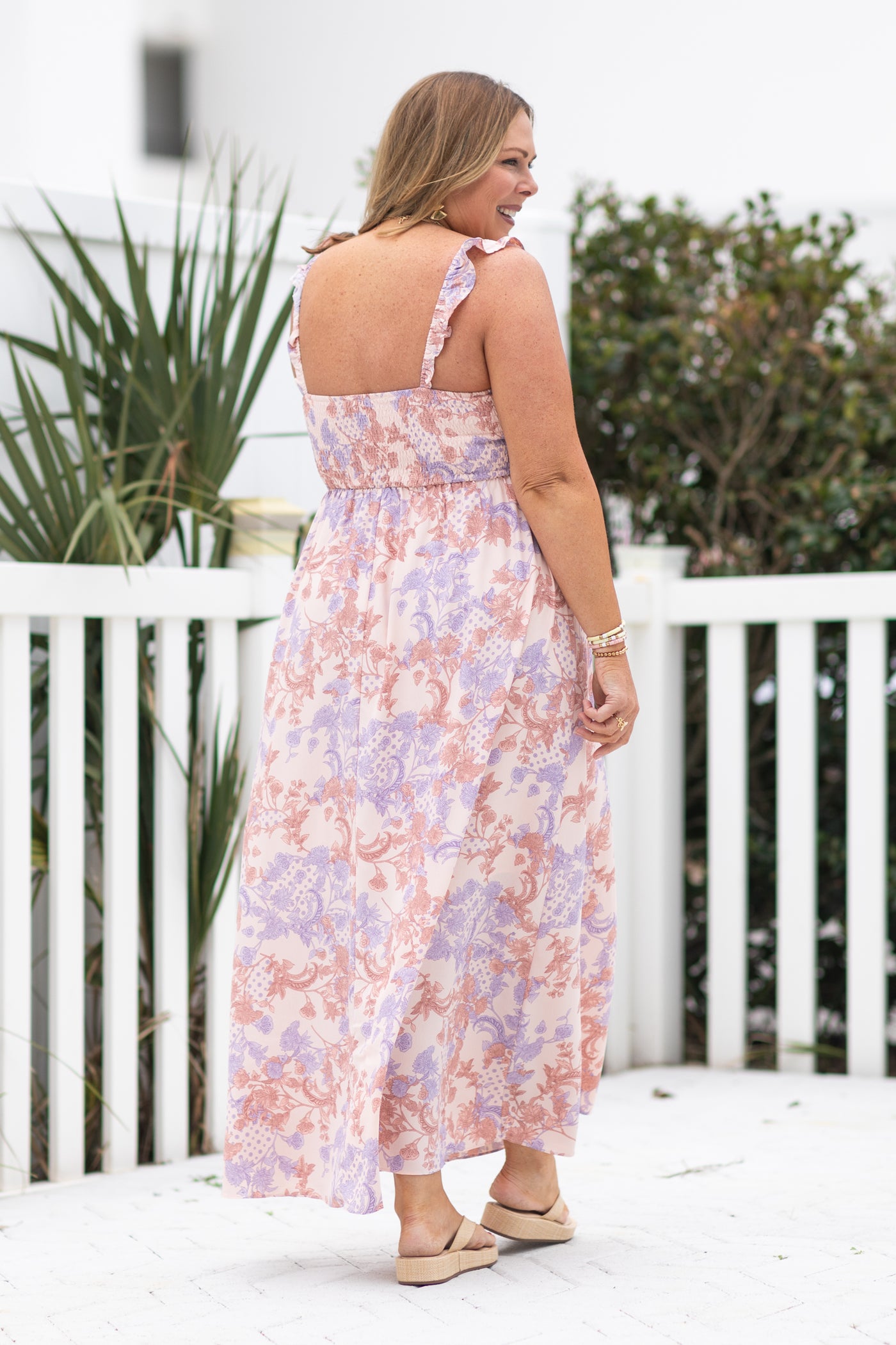 Peach Paisley Floral Smocked Maxi Dress