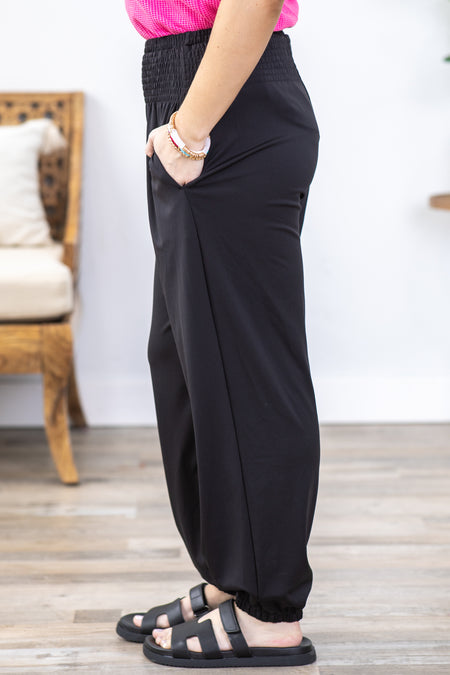 Black Smocked High Waist Joggers With Pocket