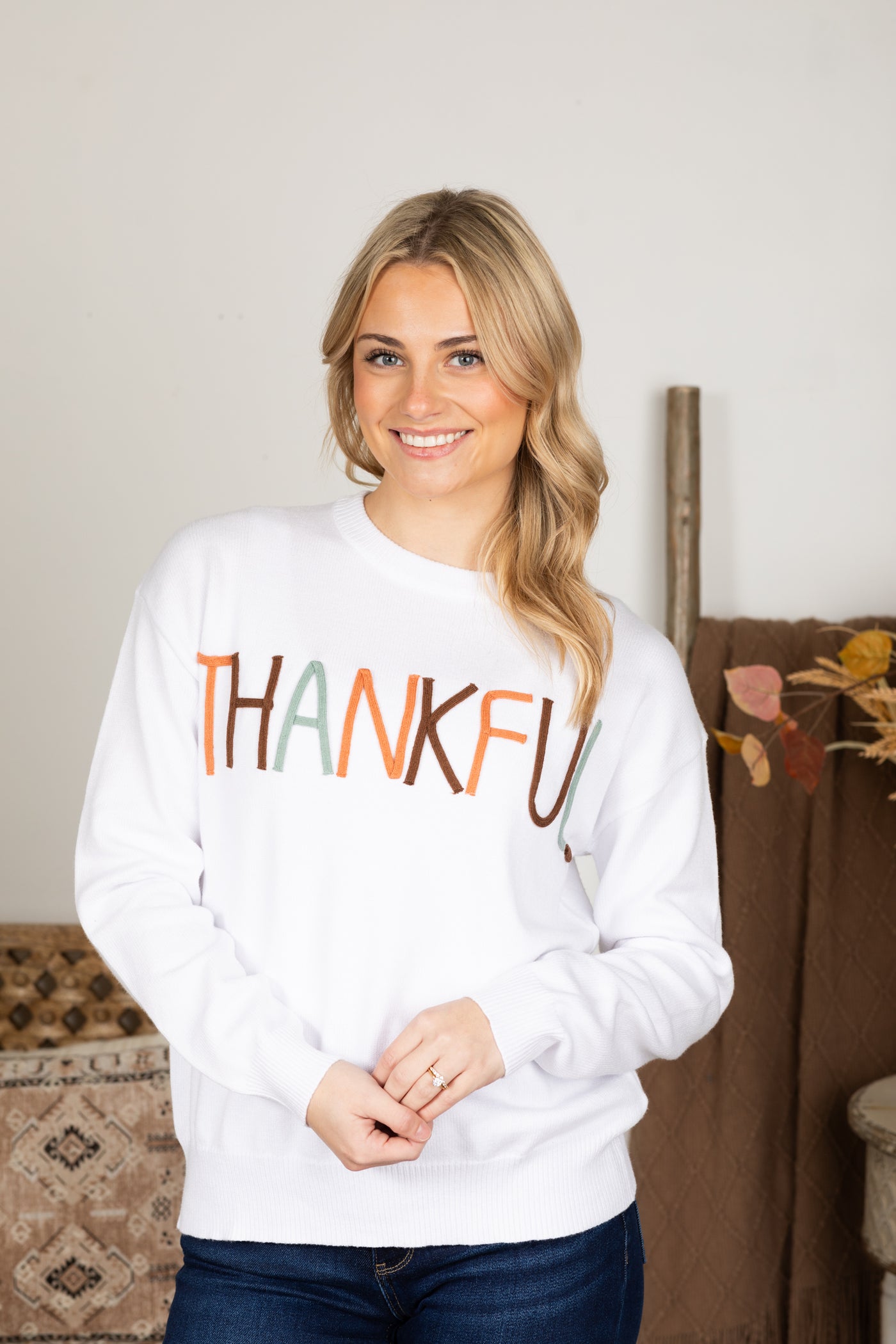 White Thankful Embroidered Sweater