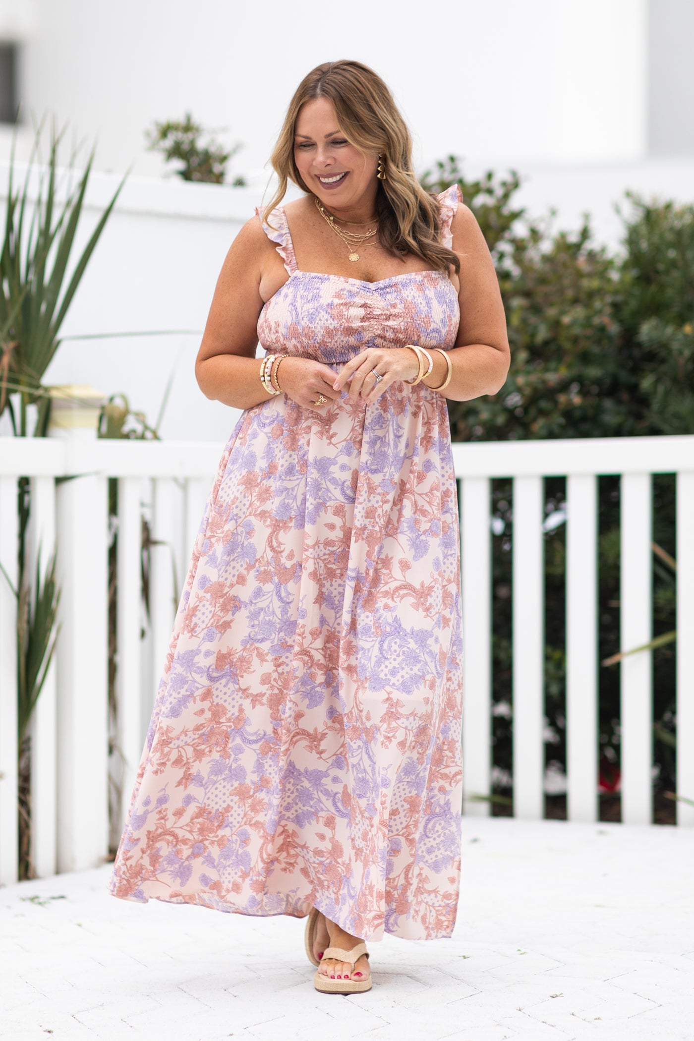 Peach Paisley Floral Smocked Maxi Dress