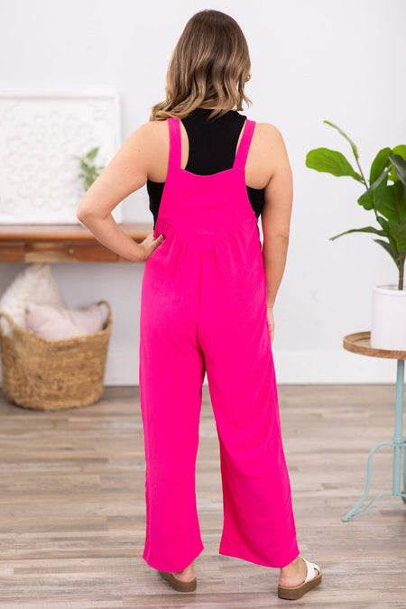 Hot Pink Wide Leg Overalls With Button Detail - Filly Flair