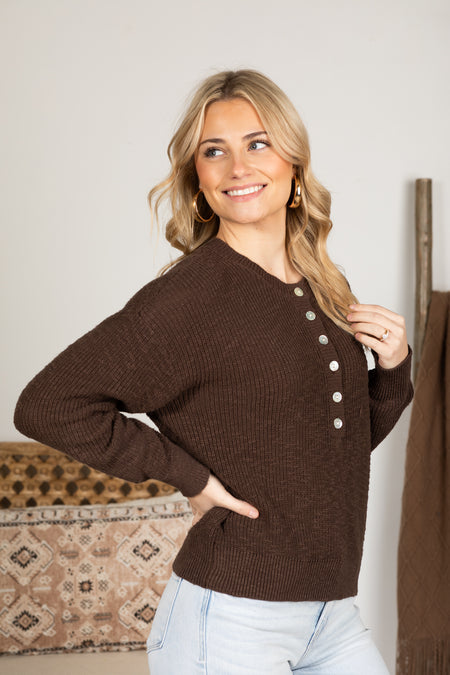 Brown Cotton Button Front Sweater