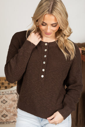 Brown Cotton Button Front Sweater