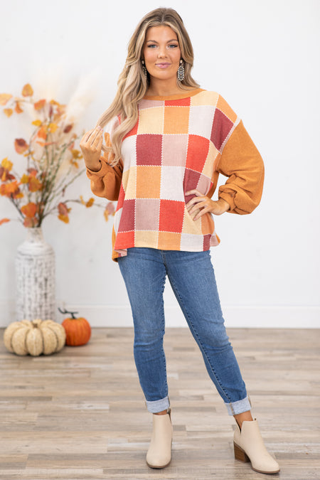 Orange and Wine Checkerboard Print Top