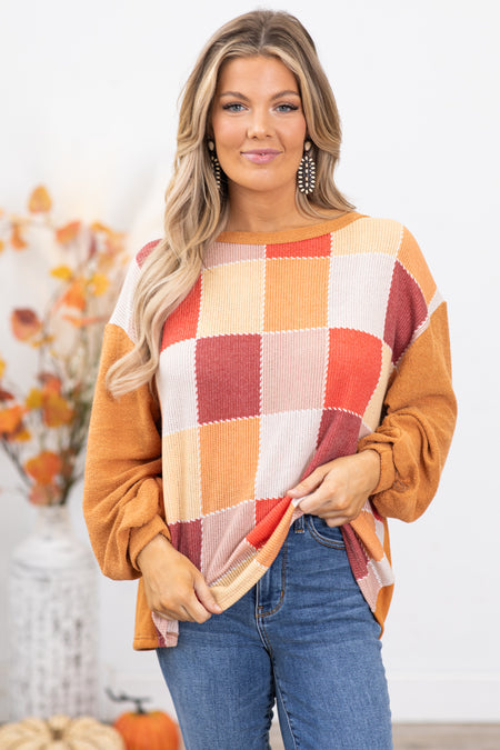 Orange and Wine Checkerboard Print Top