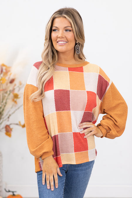 Orange and Wine Checkerboard Print Top