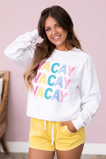 White Multicolor Vacay Graphic Sweatshirt - Filly Flair