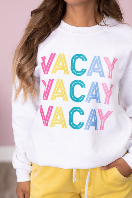 White Multicolor Vacay Graphic Sweatshirt - Filly Flair