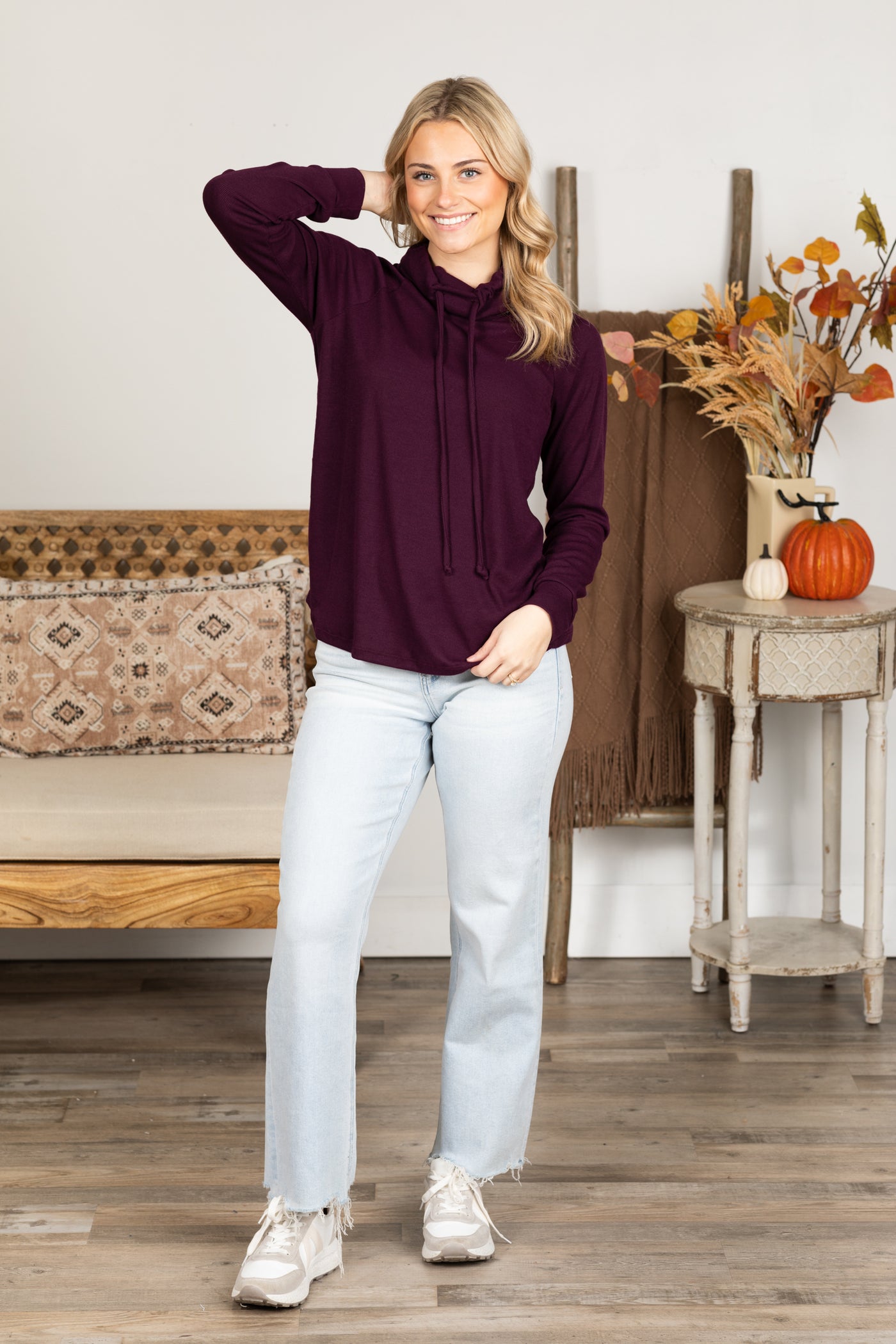 Plum Drawstring Cowl Neck Baby Ribbed Knit Top