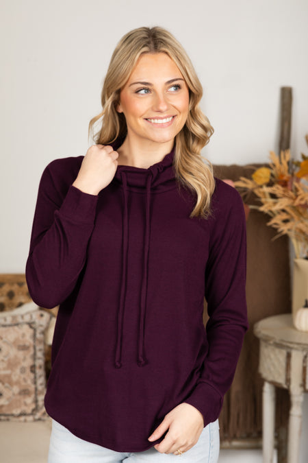 Plum Drawstring Cowl Neck Baby Ribbed Knit Top