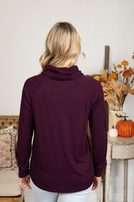 Plum Drawstring Cowl Neck Baby Ribbed Knit Top