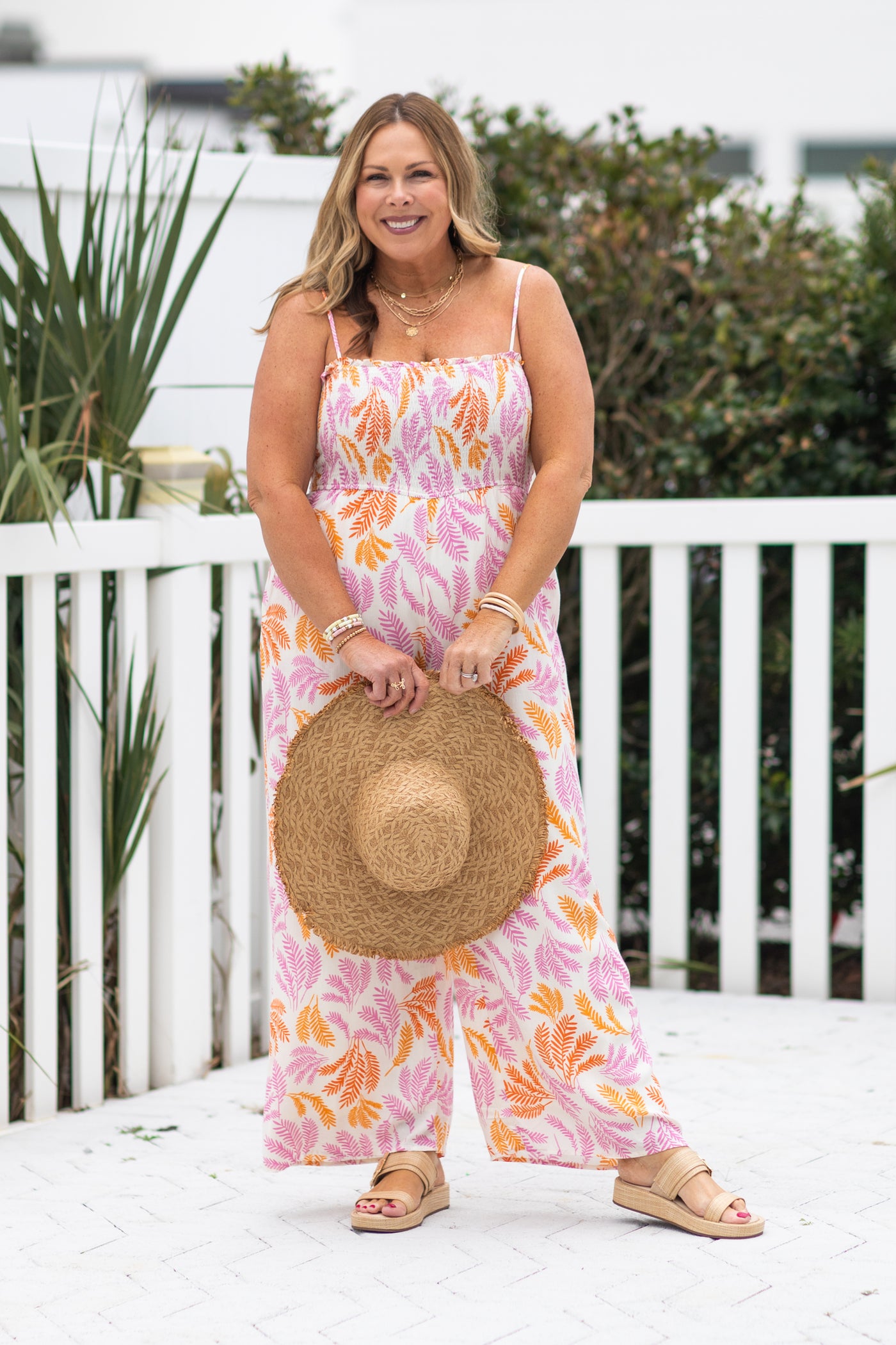 Pink Tropical Leaf Print Jumpsuit