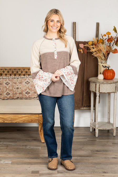 Mocha And Beige Floral Patchwork Knit Top