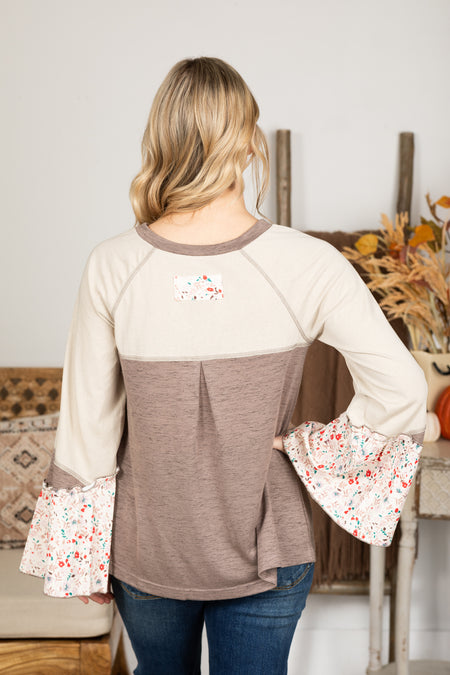 Mocha And Beige Floral Patchwork Knit Top