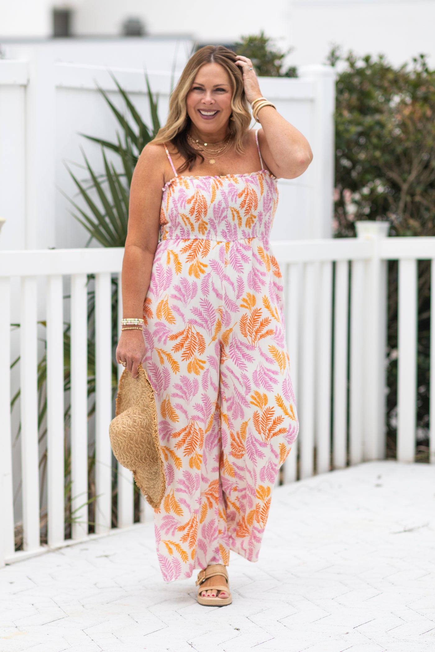 Pink Tropical Leaf Print Jumpsuit