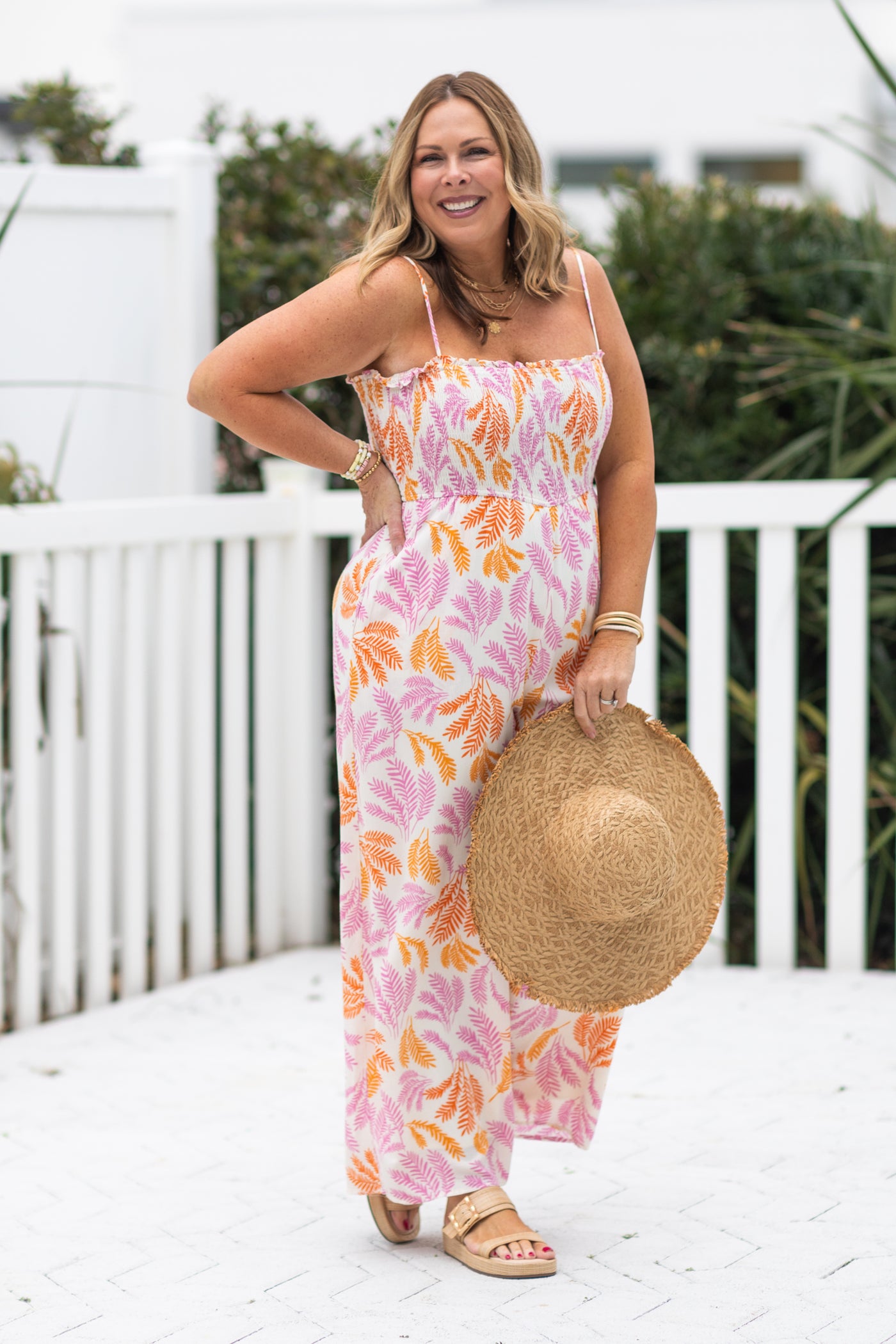 Pink Tropical Leaf Print Jumpsuit