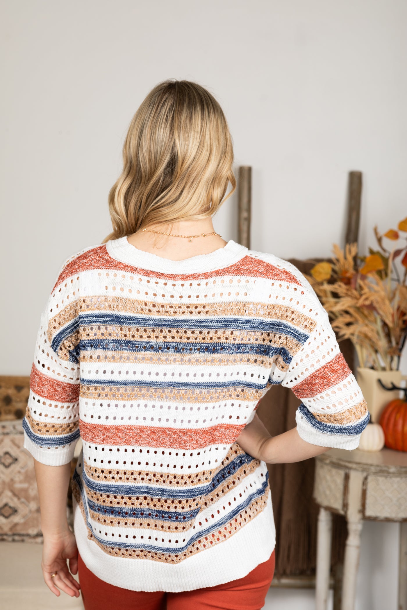 Multicolor V-Neck Short Sleeve Sweater