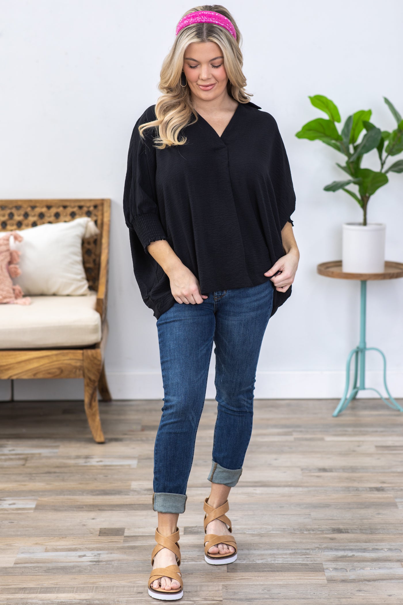 Black Airflow Top With Smocked Cuff