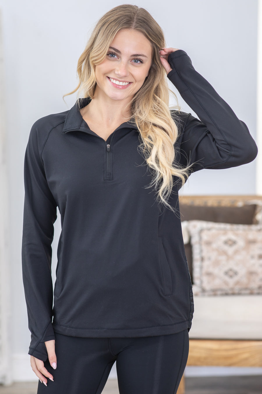 Black Padded Back Half-Zip Pullover