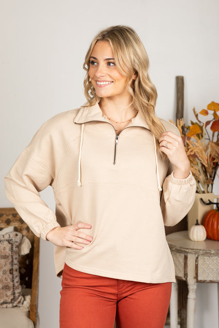 Solid Polar Collar Zip-Up Terry Pullover