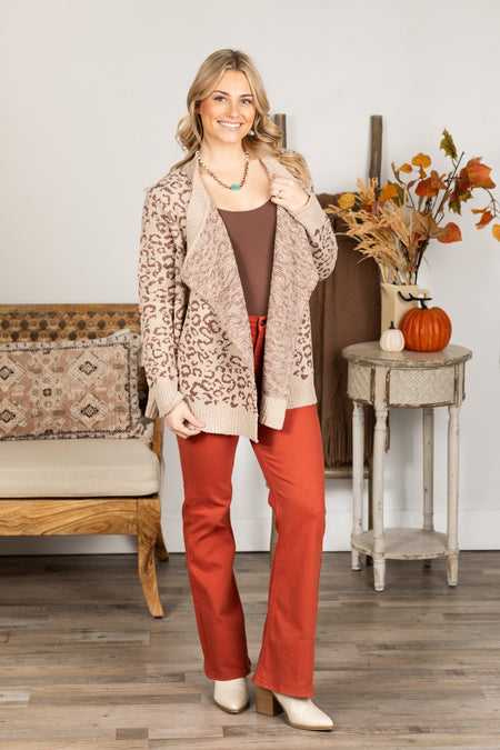 Taupe Open Front Animal Print Sweater Cardigan