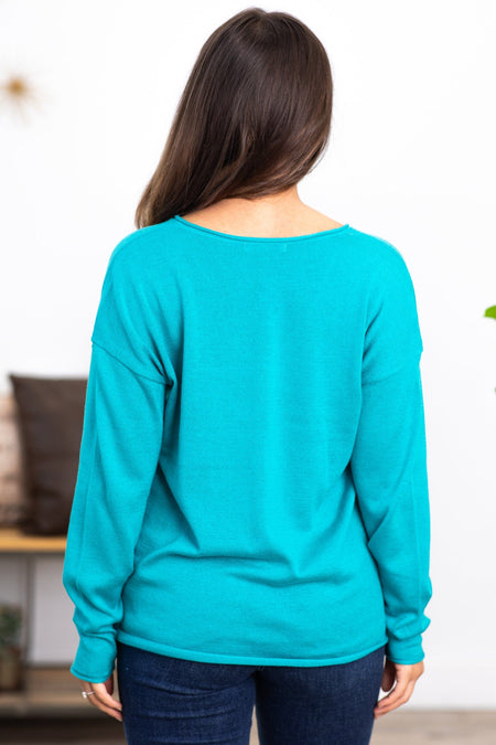 Teal V-Neck Raw Edge Sweater - Filly Flair