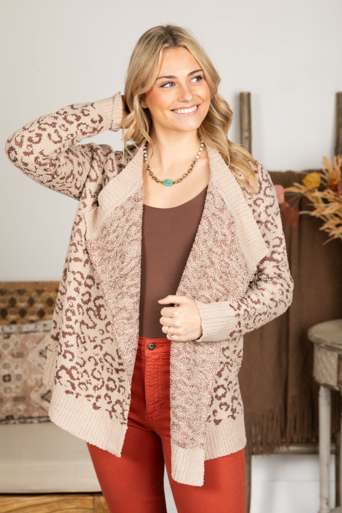 Taupe Open Front Animal Print Sweater Cardigan