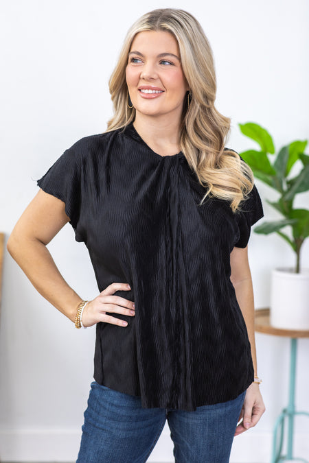 Black Gathered Neck Pleated Woven Top