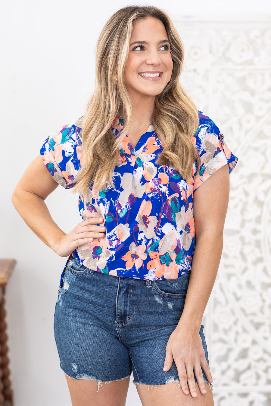 Blue and Coral Floral Wrinkle Free Lizzy Top
